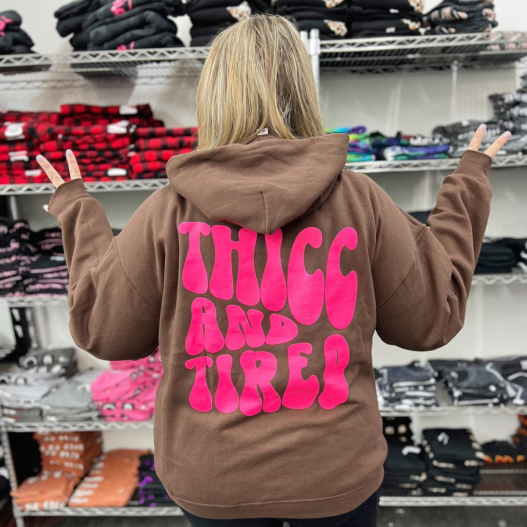 Thicc and Tired Hoodie - Dark Chocolate with Neon Pink Print