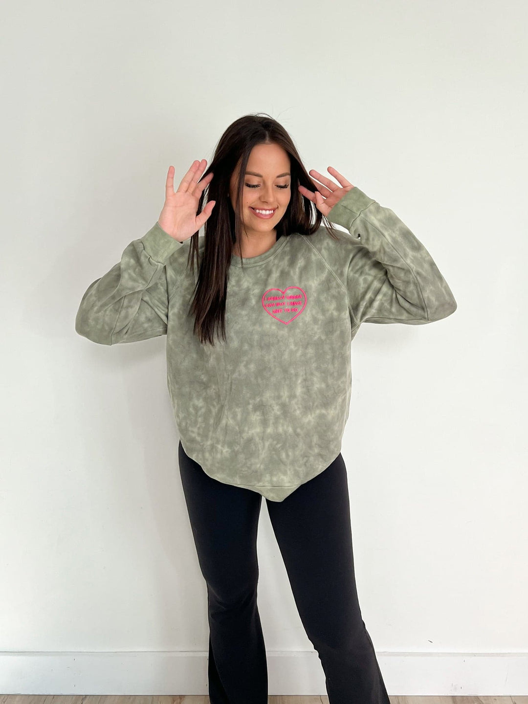 Wanna Cry Olive Tie Dye Sweatshirt with Neon Pink Puff Print