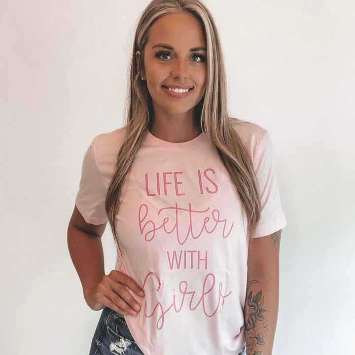Life Is Better With Girls Tee - Blush w/ Metallic Berry Print