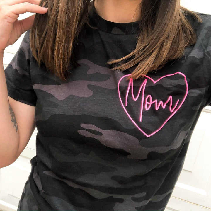 Mom Icon Black Camo Tee w/ Neon Pink Print