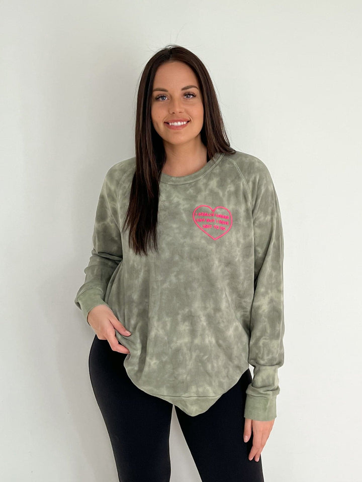 Wanna Cry Olive Tie Dye Sweatshirt with Neon Pink Puff Print