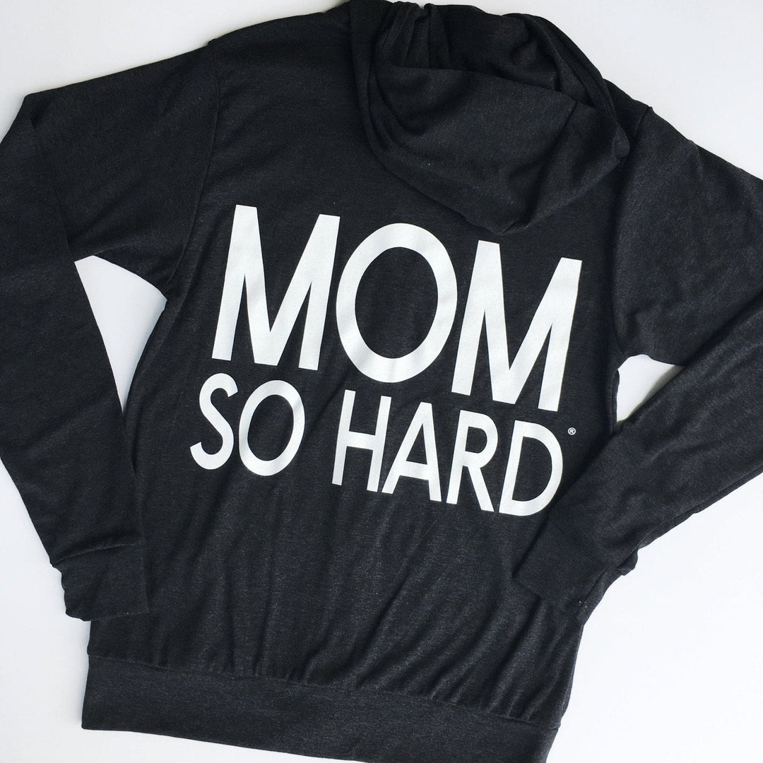 Mom So Hard Lightweight Zip-Up Hoodie - Charcoal with White Print