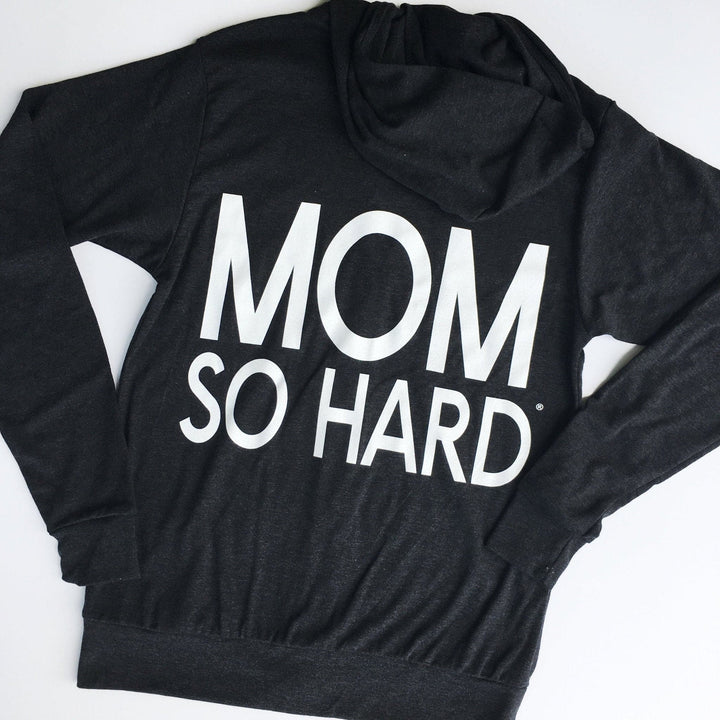 Mom So Hard Lightweight Zip-Up Hoodie - Charcoal with White Print