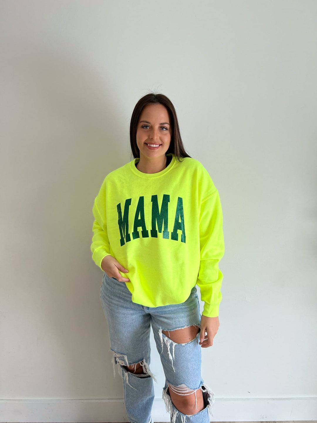MAMA Collegiate Neon Sweatshirt w/ Forest Glitter