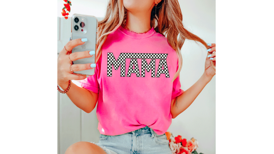 MAMA Checkered Tee - Neon Pink