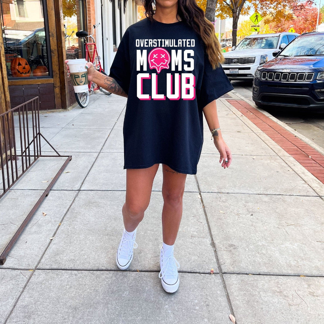Overstimulated Moms Club Tee - Black with Neon Pink